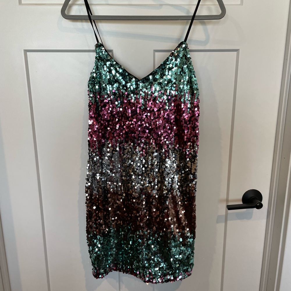 Express Size Small Sequined Dress. Gradient of teal, pink, rose gold, and silver